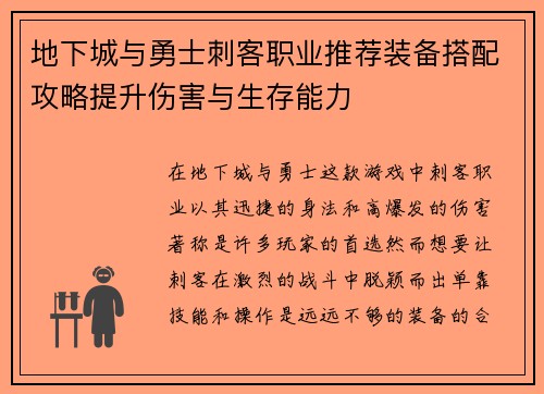 地下城与勇士刺客职业推荐装备搭配攻略提升伤害与生存能力